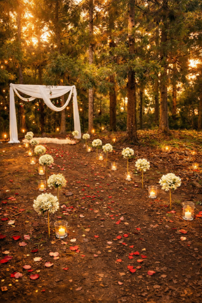 Demande en mariage en forêt avec allée de bougies et arche blanche
