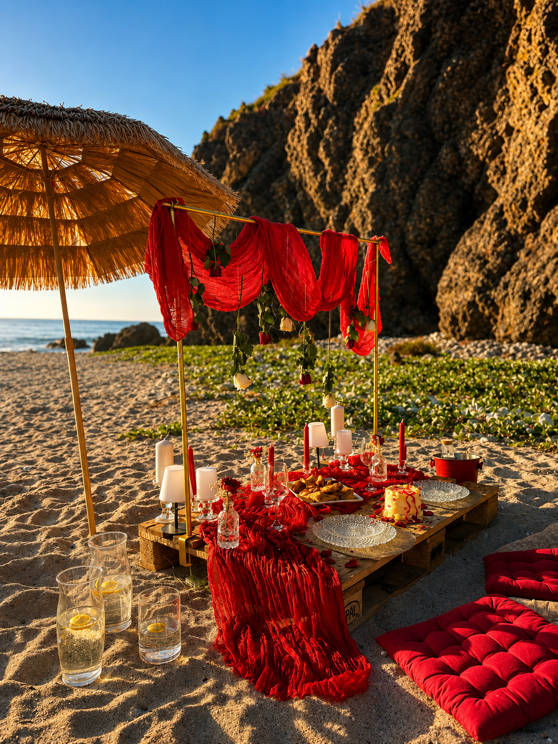 Expérience romantique avec arche rouge, coussins et table dressée